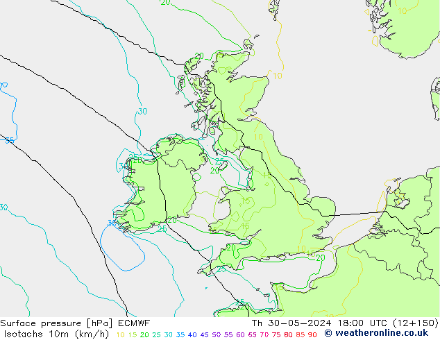 Isotachs (kph) ECMWF gio 30.05.2024 18 UTC