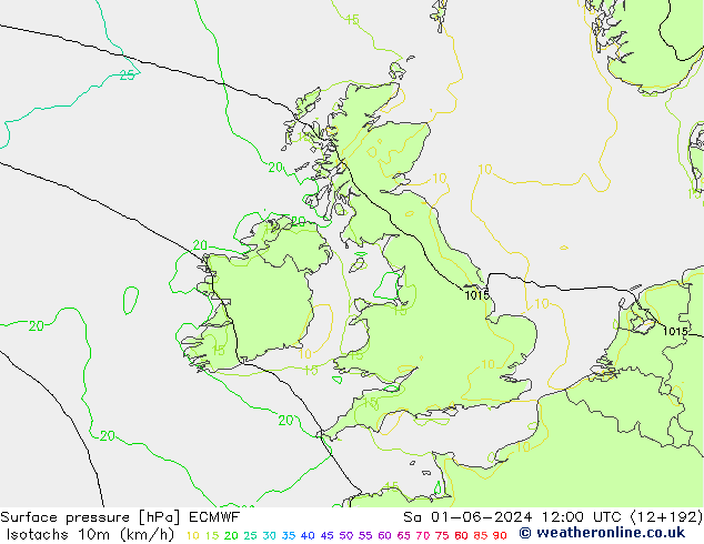 Isotachs (kph) ECMWF  01.06.2024 12 UTC