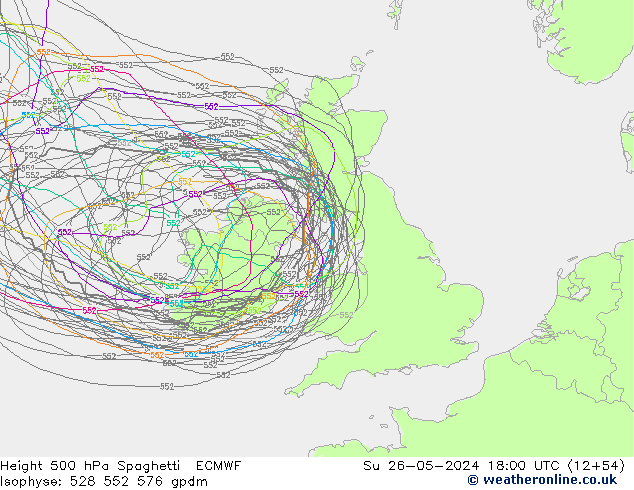 Height 500 hPa Spaghetti ECMWF Dom 26.05.2024 18 UTC