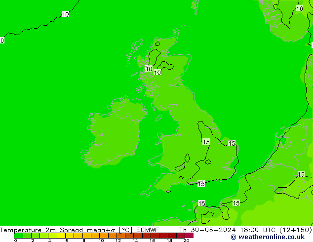 Temperatura 2m Spread ECMWF gio 30.05.2024 18 UTC