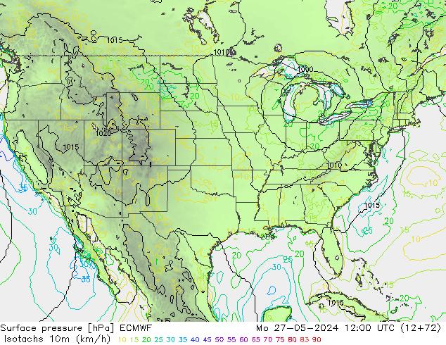 Isotachs (kph) ECMWF Mo 27.05.2024 12 UTC