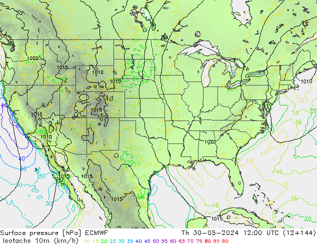 Isotachs (kph) ECMWF  30.05.2024 12 UTC