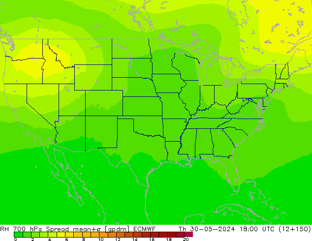 RH 700 hPa Spread ECMWF Čt 30.05.2024 18 UTC