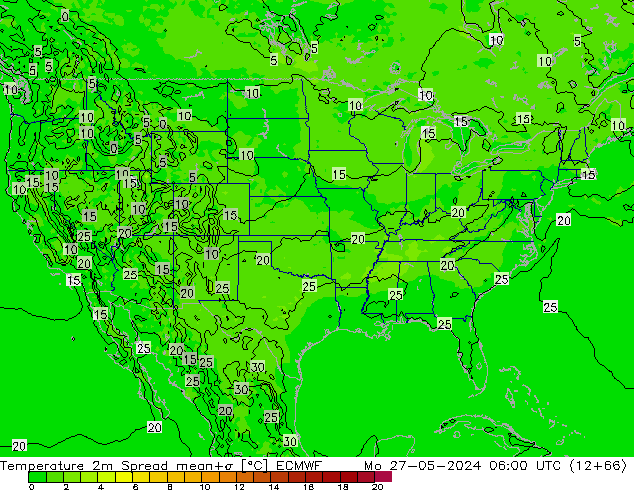 Temperatura 2m Spread ECMWF Seg 27.05.2024 06 UTC