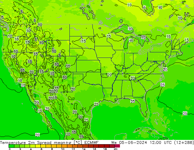 карта температуры Spread ECMWF ср 05.06.2024 12 UTC