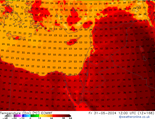 Temperatuurkaart (2m) ECMWF vr 31.05.2024 12 UTC