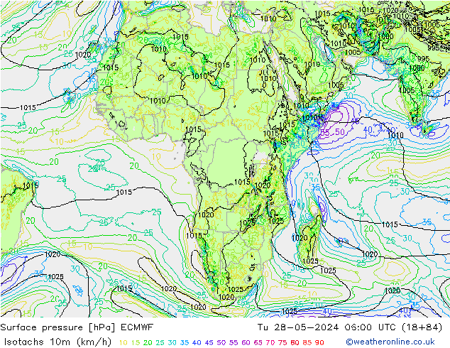 Isotachs (kph) ECMWF mar 28.05.2024 06 UTC