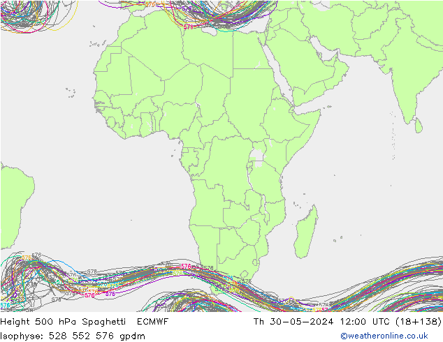 Height 500 hPa Spaghetti ECMWF czw. 30.05.2024 12 UTC