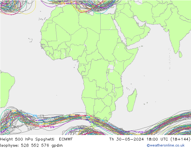 Hoogte 500 hPa Spaghetti ECMWF do 30.05.2024 18 UTC