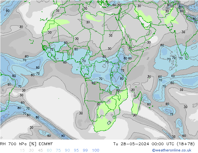 Humidité rel. 700 hPa ECMWF mar 28.05.2024 00 UTC