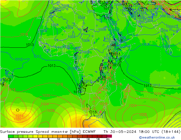 Atmosférický tlak Spread ECMWF Čt 30.05.2024 18 UTC