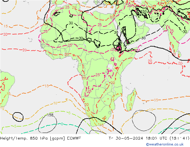 Height/Temp. 850 гПа ECMWF чт 30.05.2024 18 UTC
