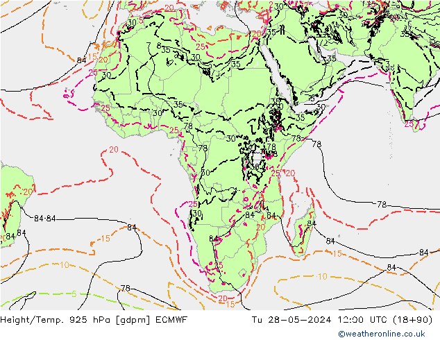 Height/Temp. 925 hPa ECMWF Tu 28.05.2024 12 UTC