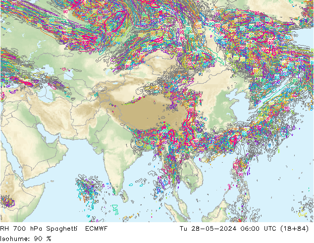 Humidité rel. 700 hPa Spaghetti ECMWF mar 28.05.2024 06 UTC