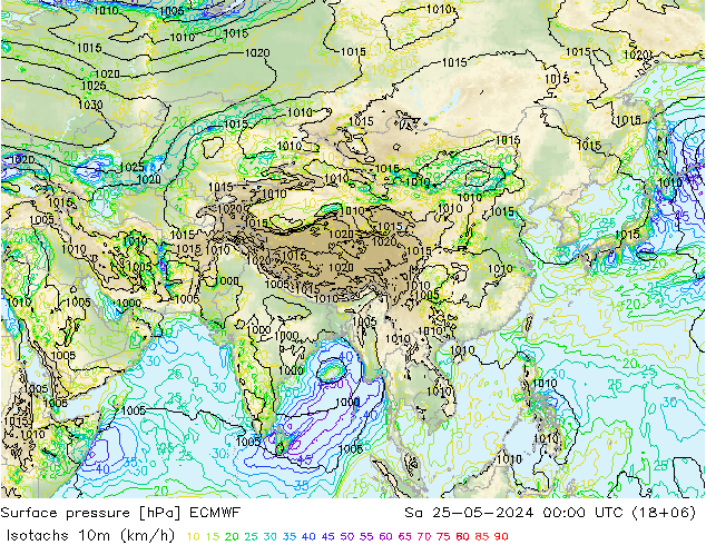 Isotachen (km/h) ECMWF za 25.05.2024 00 UTC