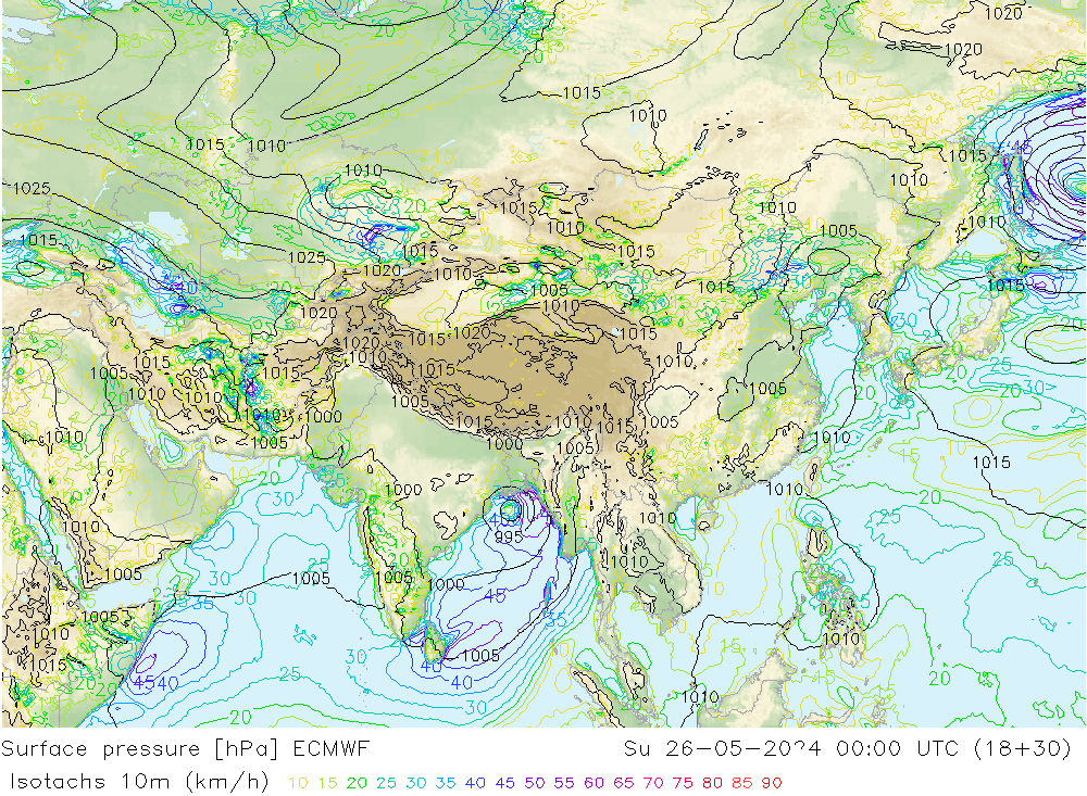 Isotachs (kph) ECMWF dom 26.05.2024 00 UTC