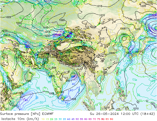 Eşrüzgar Hızları (km/sa) ECMWF Paz 26.05.2024 12 UTC