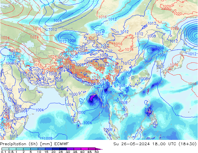 Precipitazione (6h) ECMWF dom 26.05.2024 00 UTC