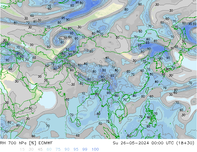 Humedad rel. 700hPa ECMWF dom 26.05.2024 00 UTC