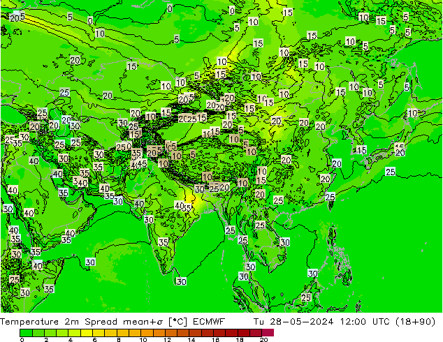 Temperature 2m Spread ECMWF Tu 28.05.2024 12 UTC