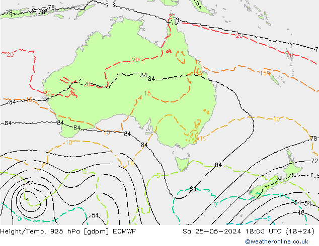 Height/Temp. 925 hPa ECMWF Sa 25.05.2024 18 UTC