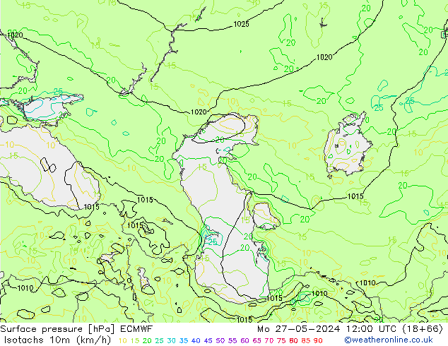 Isotachs (kph) ECMWF lun 27.05.2024 12 UTC