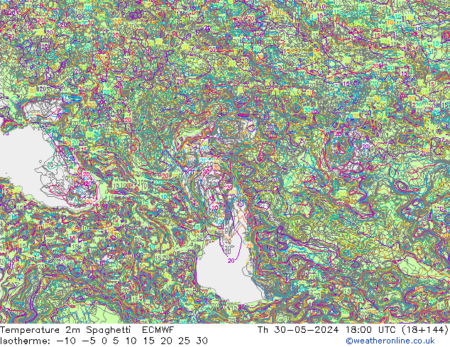 Temperatura 2m Spaghetti ECMWF jue 30.05.2024 18 UTC