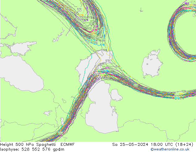 Height 500 hPa Spaghetti ECMWF Sa 25.05.2024 18 UTC