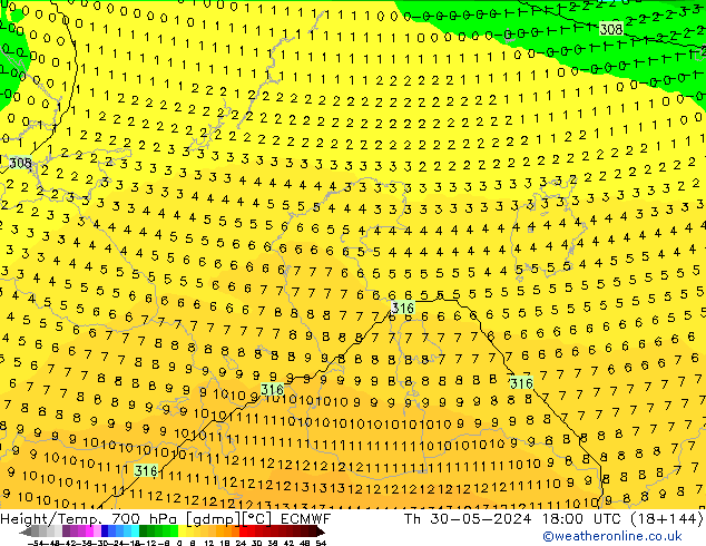 Height/Temp. 700 hPa ECMWF czw. 30.05.2024 18 UTC