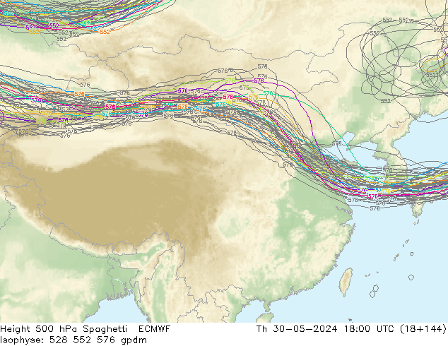 Height 500 hPa Spaghetti ECMWF 星期四 30.05.2024 18 UTC