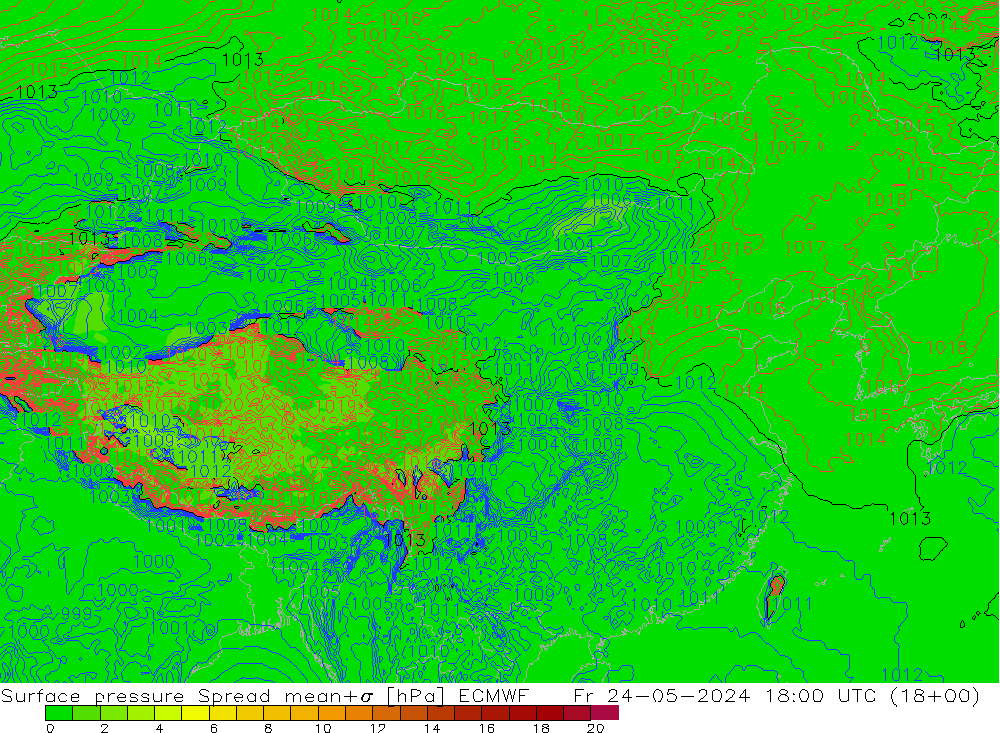 Surface pressure Spread ECMWF Fr 24.05.2024 18 UTC