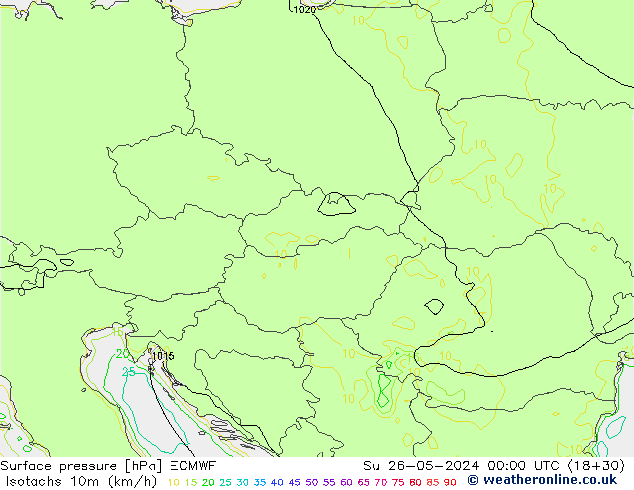 Isotachs (kph) ECMWF Вс 26.05.2024 00 UTC