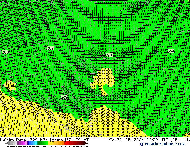 Geop./Temp. 700 hPa ECMWF mié 29.05.2024 12 UTC