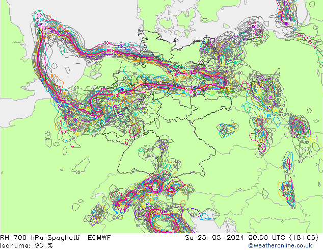 RH 700 hPa Spaghetti ECMWF 星期六 25.05.2024 00 UTC