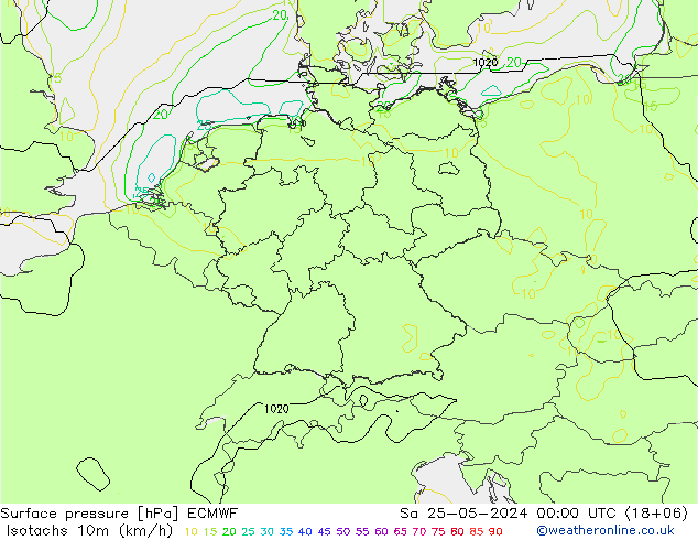 Isotachs (kph) ECMWF сб 25.05.2024 00 UTC