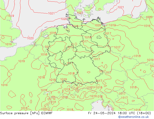 Presión superficial ECMWF vie 24.05.2024 18 UTC