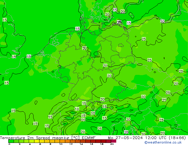 Temperature 2m Spread ECMWF Mo 27.05.2024 12 UTC