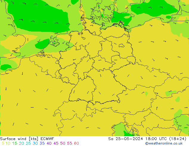 Bodenwind ECMWF Sa 25.05.2024 18 UTC