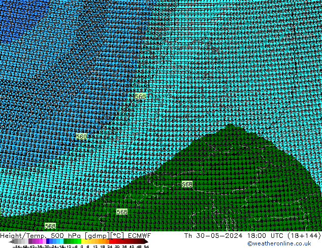 Height/Temp. 500 hPa ECMWF czw. 30.05.2024 18 UTC