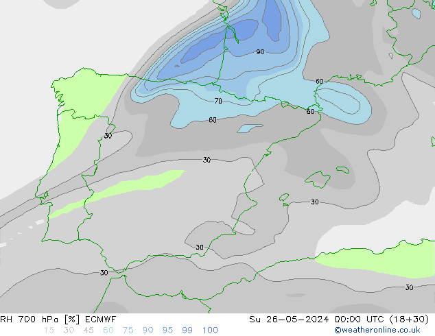 Humedad rel. 700hPa ECMWF dom 26.05.2024 00 UTC