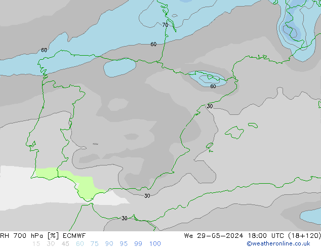 Humidité rel. 700 hPa ECMWF mer 29.05.2024 18 UTC