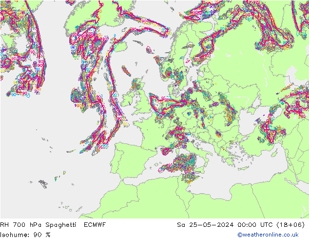 RH 700 hPa Spaghetti ECMWF So 25.05.2024 00 UTC