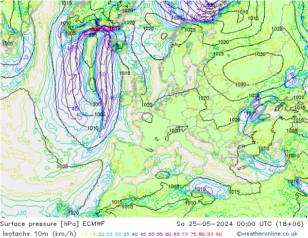 Isotachs (kph) ECMWF Sáb 25.05.2024 00 UTC