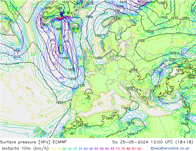 Isotaca (kph) ECMWF sáb 25.05.2024 12 UTC