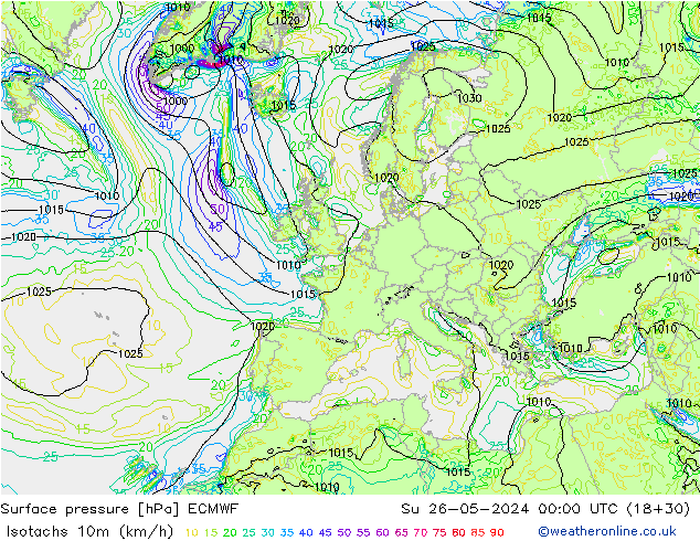 Isotachen (km/h) ECMWF So 26.05.2024 00 UTC