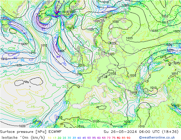 Isotachs (kph) ECMWF  26.05.2024 06 UTC