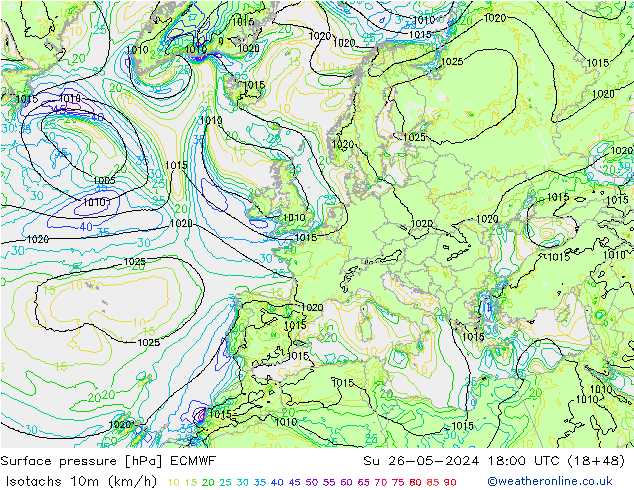 Isotachen (km/h) ECMWF So 26.05.2024 18 UTC