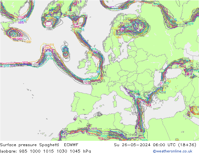 Luchtdruk op zeeniveau Spaghetti ECMWF zo 26.05.2024 06 UTC