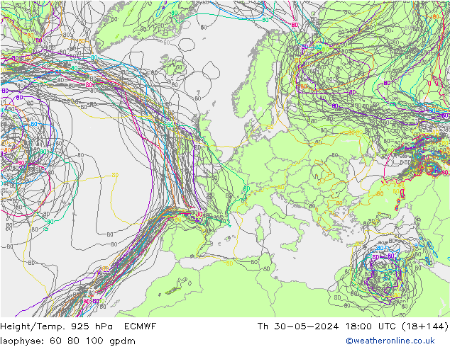 Hoogte/Temp. 925 hPa ECMWF do 30.05.2024 18 UTC