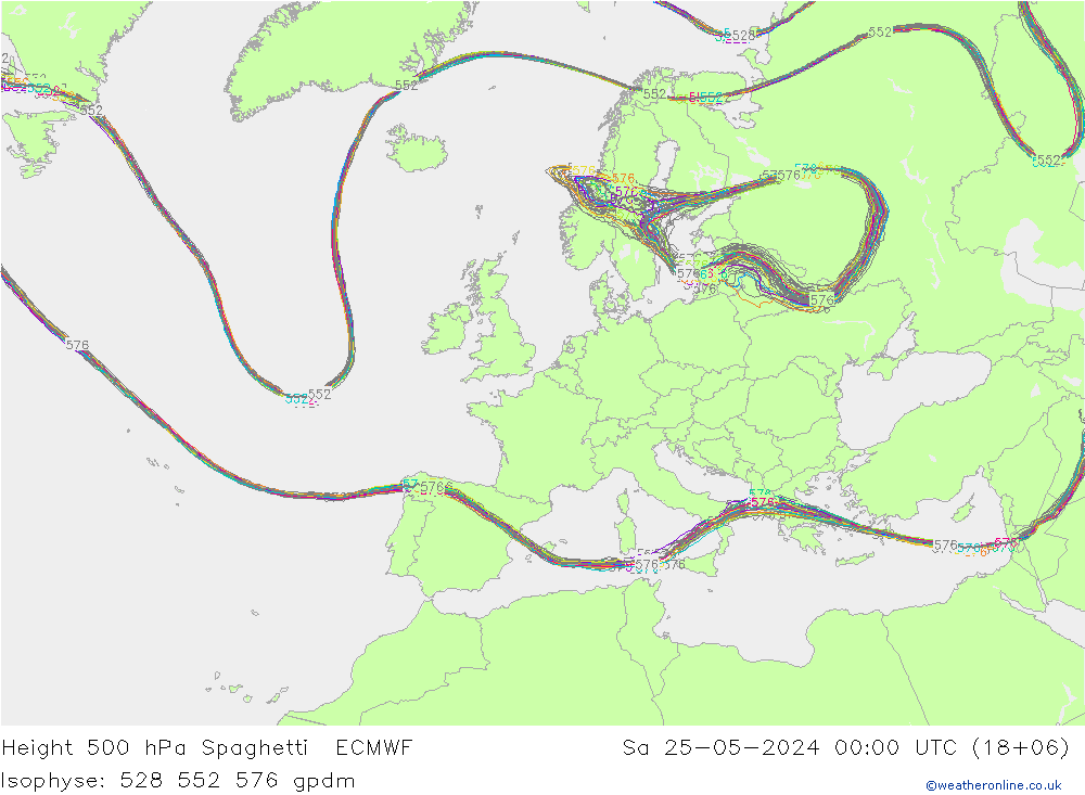 Height 500 hPa Spaghetti ECMWF 星期六 25.05.2024 00 UTC